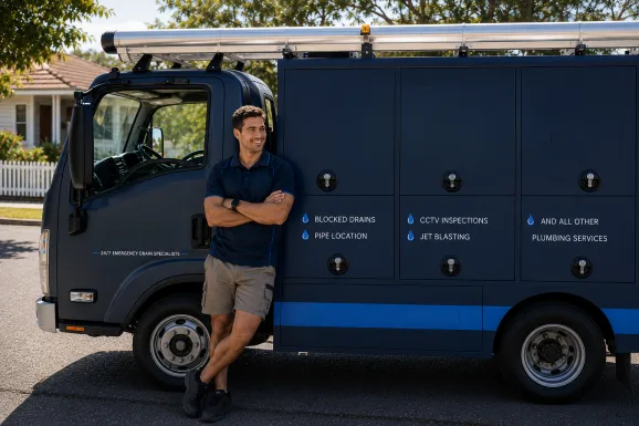 Plumber standing beside a service van in Waverley