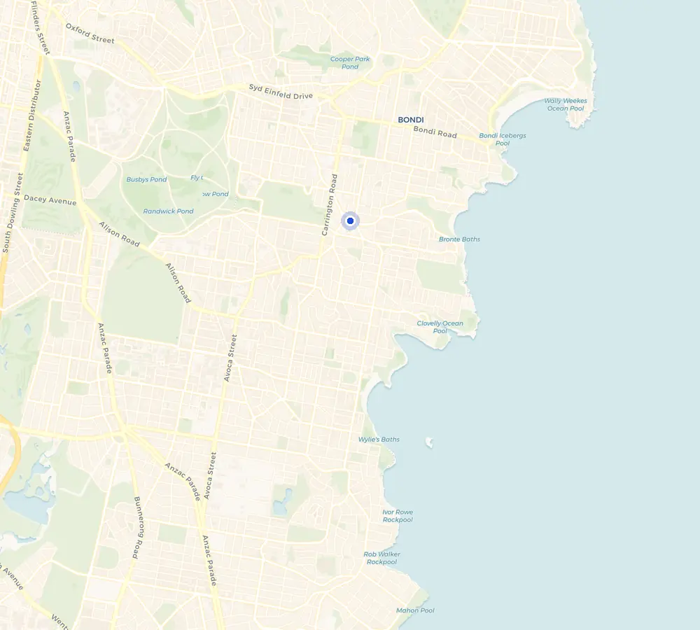 Map of the Waverley service area and the surrounding Eastern Suburbs, showing Waverley and the nearby streets we cover.