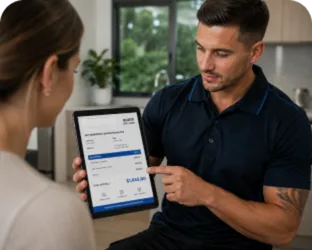 Plumber showing a Waverley customer the quote on a tablet
