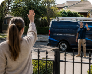 Customer waving goodbye to a Waverley Blocked Drains plumber